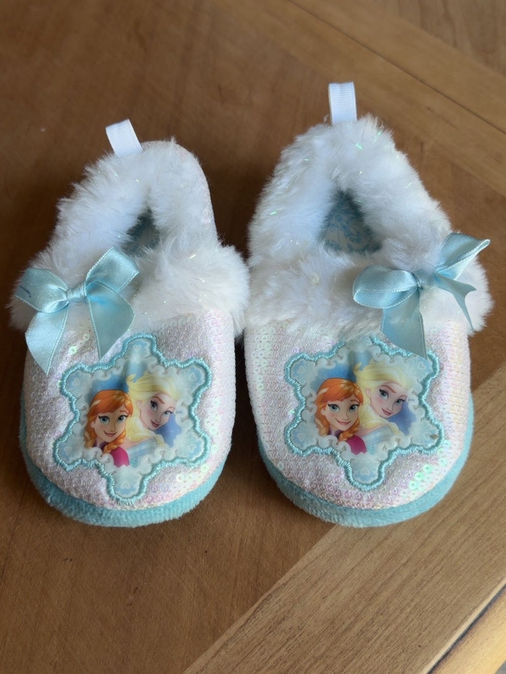 Disney Frozen Blue & White Girls Plush Slippers with Anna & Elsa